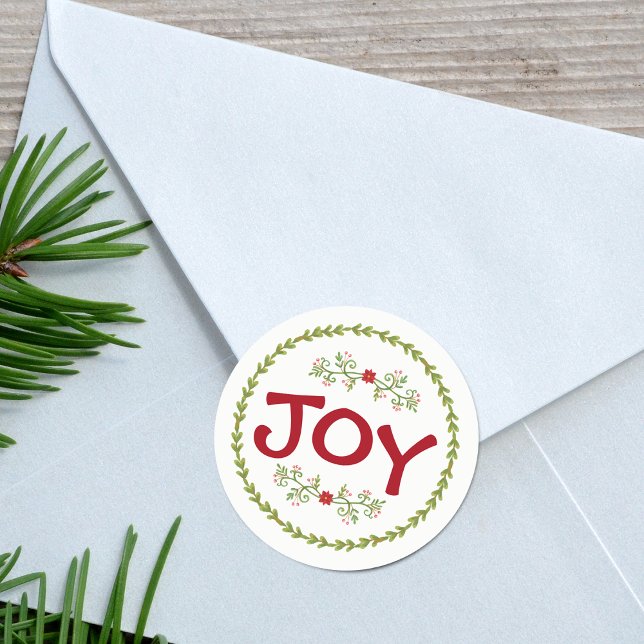 JOY with Holiday Greens Classic Round Sticker (JOY with Holiday Greens | Sticker)