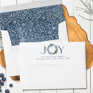 JOY With Holiday Wreath, Blue Silver Swirl Pattern Envelope