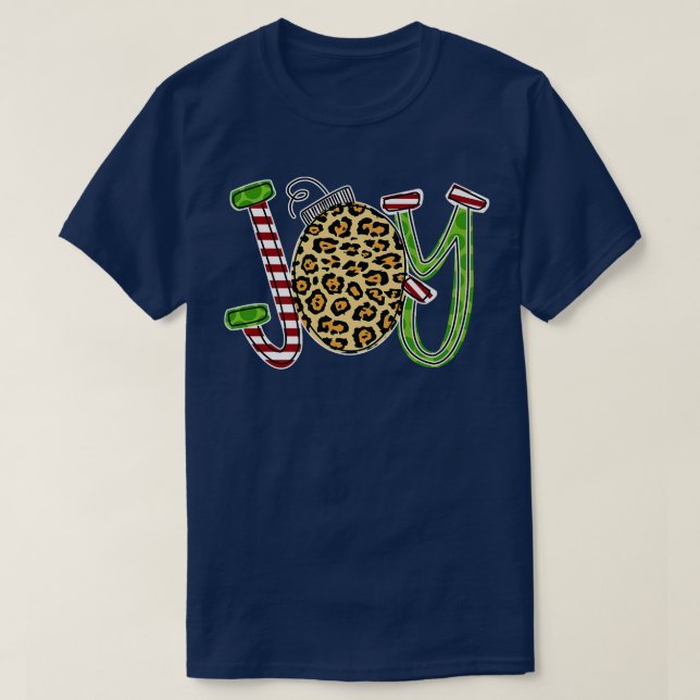 Joy with Leopard Candy Cane Christmas Funny1105 T-Shirt (Design Front)