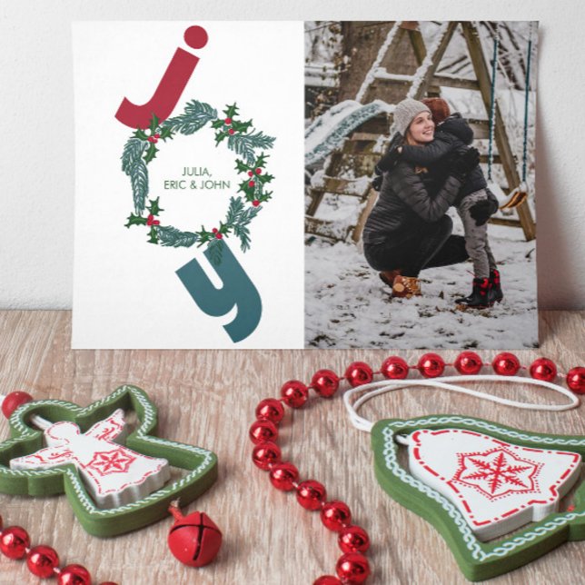 Joy with photo and christmas wreath on blue holiday card (Creator Uploaded)