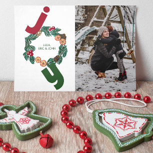 Joy with photo and illustrated christmas wreath holiday card