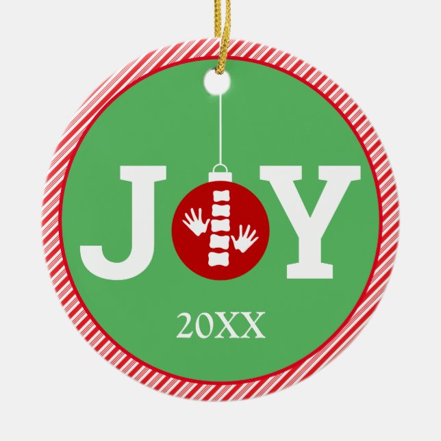 JOY with Stripe Background Chiropractic Christmas Ceramic Ornament (Front)