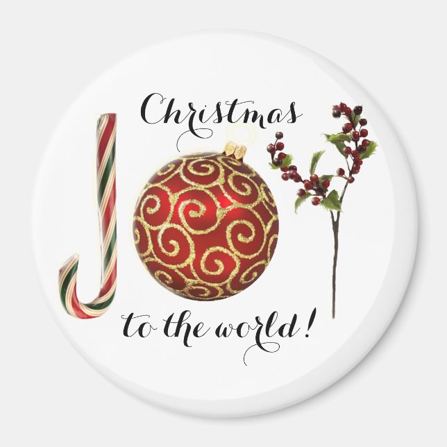 Joy word art candy cane ornament and holly magnet (Front)