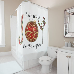 Joy word art candy cane ornament and holly shower curtain