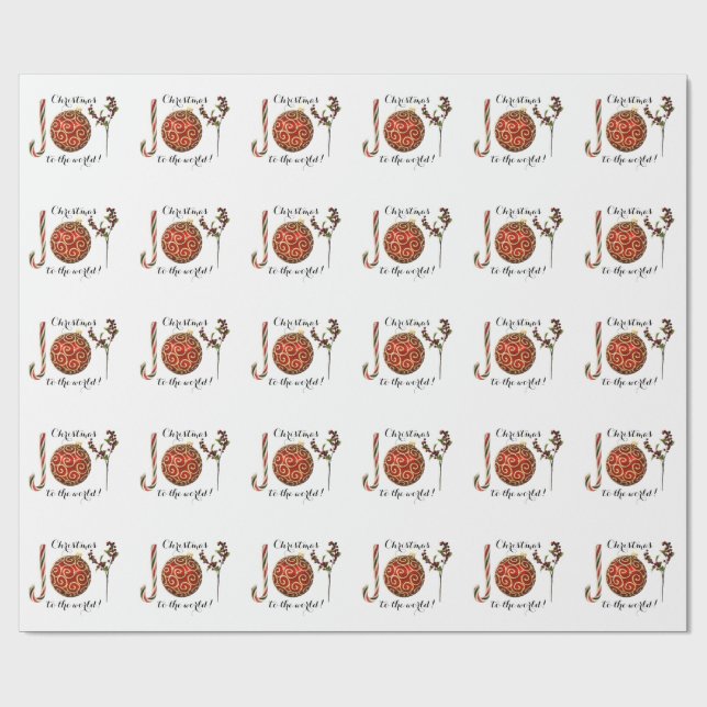 Joy word art candy cane ornament and holly wrapping paper (Flat)