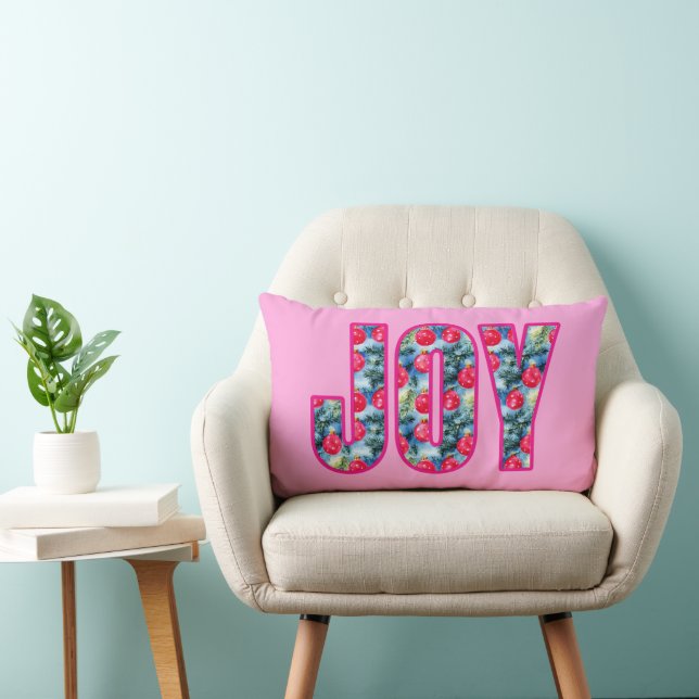 JOY Word Art in Fuchsia Pink and Teal Green Lumbar Cushion (Chair)