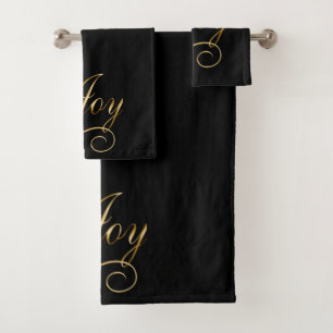 Joy Word Art In Gold On Black Bath Towel Set