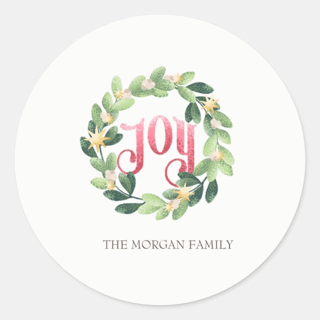 Joy,Wreath Christmas Holiday Classic Round Sticker (Front)