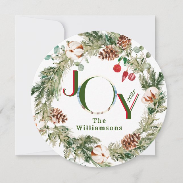 JOY Wreath Green Red Letters Photo Christmas  Holiday Card (Front)