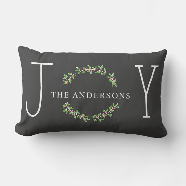Joy Wreath Modern Monogram Christmas Holiday Lumbar Cushion (Front)