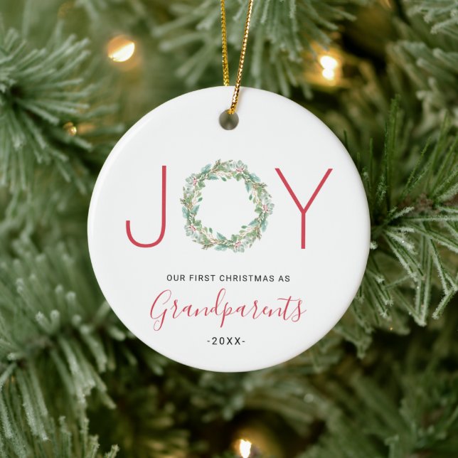 Joy Wreath Our First Christmas as Grandparents Ceramic Ornament (Tree)