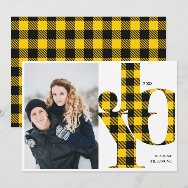 Joy | Yellow Buffalo Plaid Photo Holiday Invitation (Front/Back)