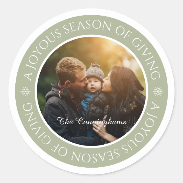 Joyeous Season's Greetings | Custom Family Photo Classic Round Sticker (Front)