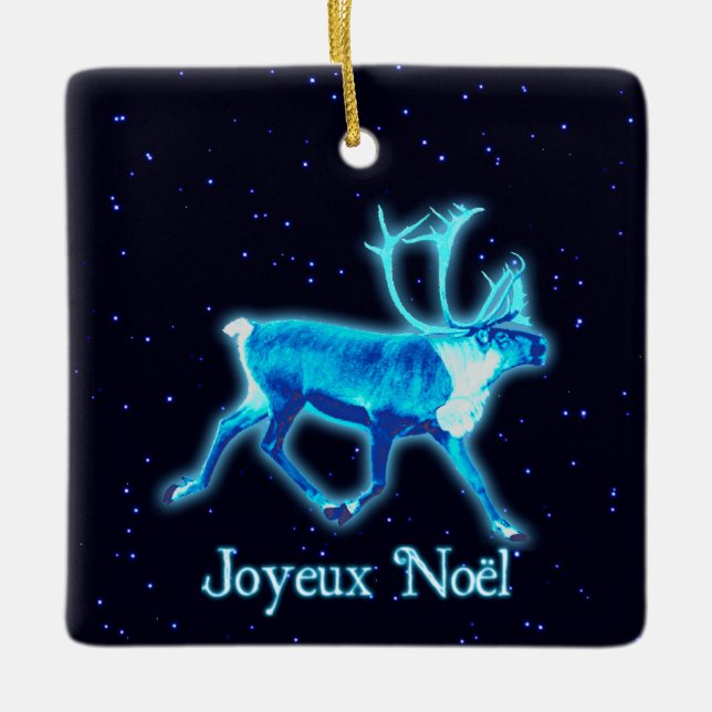 Joyeux Noёl - Blue Caribou (Reindeer) Ceramic Ornament (Front)