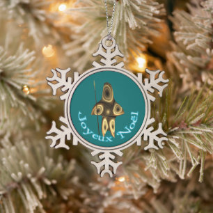 Joyeux Noёl - Fractal Inuit Hunter Snowflake Pewter Christmas Ornament
