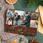 Joyeux Noel 5 photo collage elegant Christmas Holiday Card<br><div class="desc">Elegant stylish Joyeux Noël French Merry Christmas faux gold classic calligraphy script five family photos red green plaid tartan rustic holiday card with your custom personalised text on both sides.</div>
