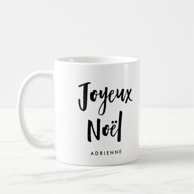 Joyeux Noel | Black and White Handwritten Script Coffee Mug (Left)
