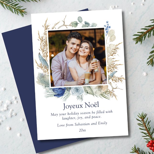 Joyeux Noël Boho Floral Photo Christmas Cards (Creator Uploaded)