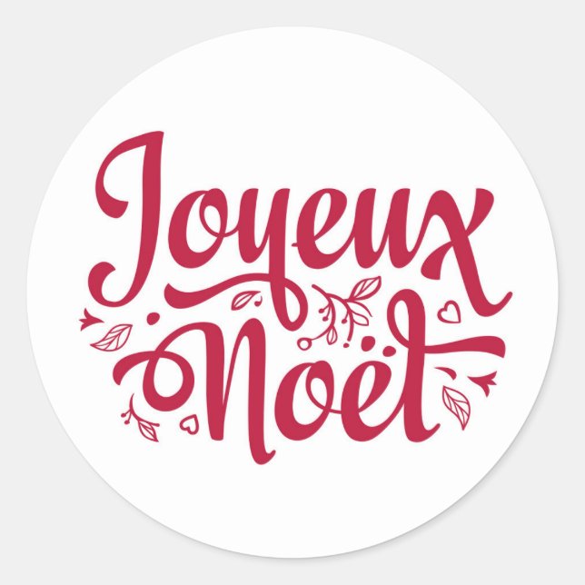 Joyeux Noel calligraphy typography red white fancy Classic Round Sticker (Front)