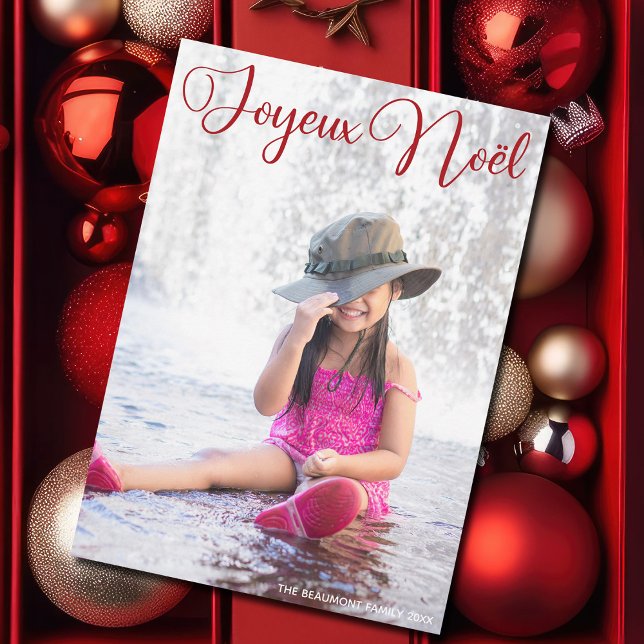 Joyeux Noël Chic Red Script French Family Photo Holiday Card (Creator Uploaded)