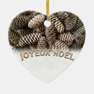 Joyeux Noel Christmas Holiday Pine Cone Ceramic Ornament