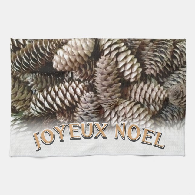 Joyeux Noel Christmas Holiday Pine Cone Tea Towel (Horizontal)
