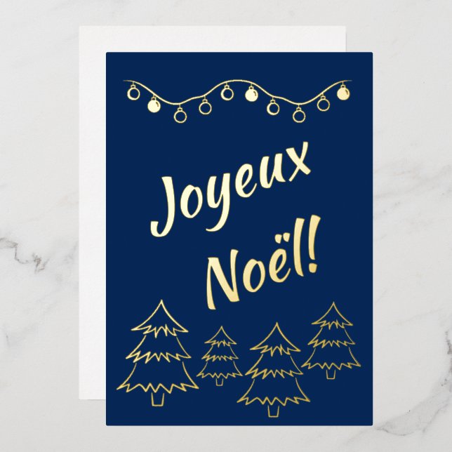 Joyeux Noel Christmas Lights Xmas Tree Blue Foil Holiday Card (Front/Back)