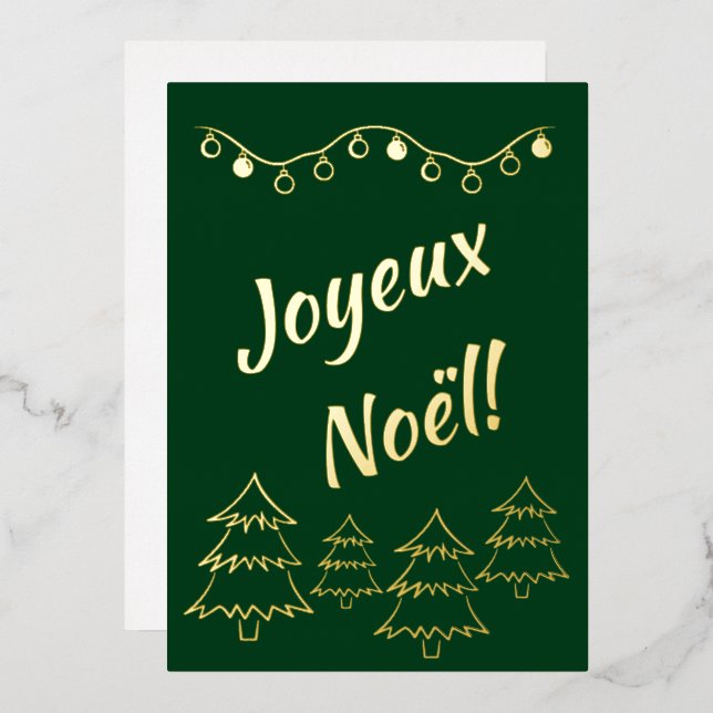 Joyeux Noel Christmas Lights Xmas Tree Green Foil Holiday Card (Front/Back)