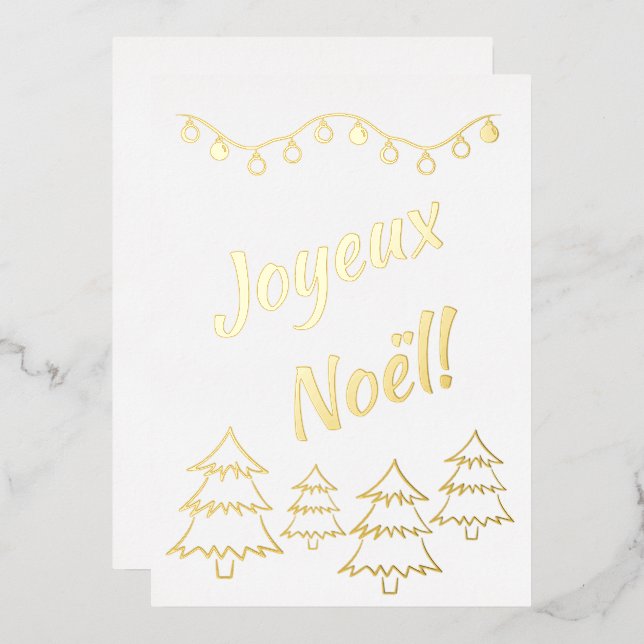 Joyeux Noel Christmas Lights Xmas Tree White Foil Holiday Card (Front/Back)