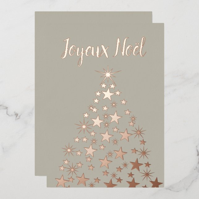 Joyeux Noel Christmas Tree Stars Rose Gold  Foil H Foil Holiday Card (Front/Back)