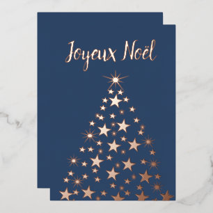 Joyeux Noel Christmas Tree Stars Rose Gold Foil Holiday Card