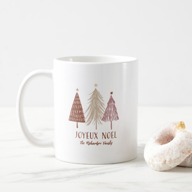 Joyeux Noel Christmas Trees Holiday Elegant Custom Coffee Mug (With Donut)