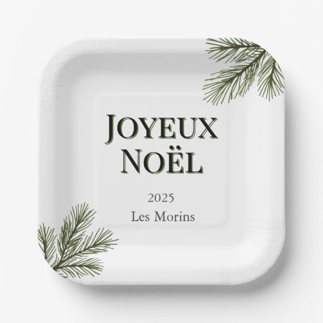 Joyeux Noel - delicate pine branches  Paper Plate (Front)