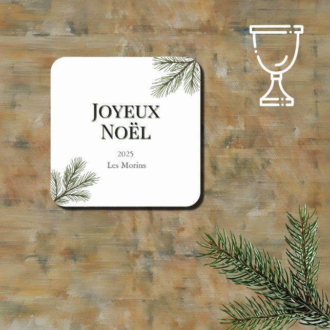 Joyeux Noel - delicate pine branches  Square Paper Coaster (Creator Uploaded)