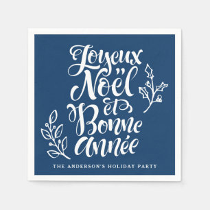 Joyeux Noël et Bonne Année Calligraphy Navy Blue Napkin