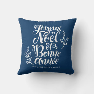 Joyeux Noël et Bonne Année Modern Script Navy Blue Cushion