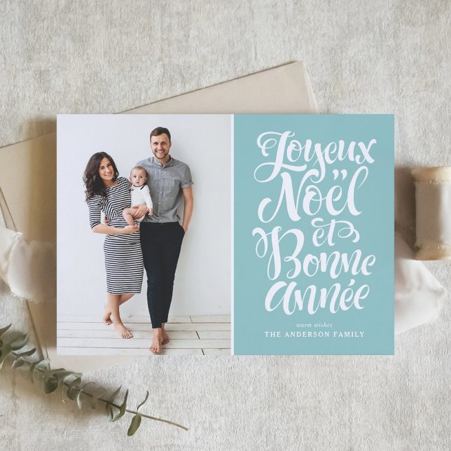 Joyeux Noël et Bonne Année Script Blue Photo Holiday Card (Creator Uploaded)