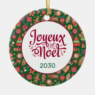 Joyeux Noel Folk Art Green Custom Ceramic Ornament