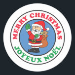 Joyeux Noel French Christmas Santa Classic Round Sticker<br><div class="desc">Joyeux Noel French Christmas Santa Round Sticker. Say "Merry Christmas" in French with these cute,  cartoon holiday Santa red stickers. Great for any French Christmas party. French children and adults will be put into the holiday spirit with this cute design. Great for gift or treat bags.</div>