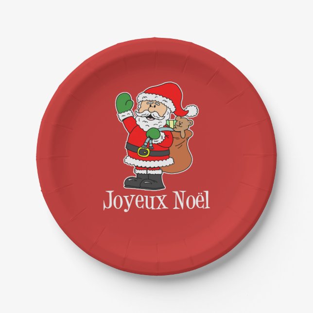 Joyeux Noel French Christmas Santa (ON RED) Paper Plate (Front)