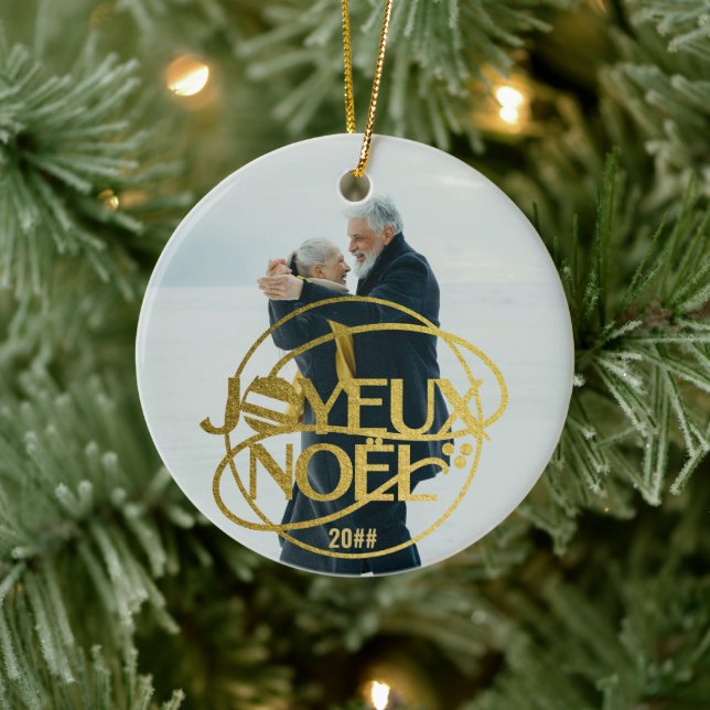 Joyeux Noel French Christmas Two Photos Family Ceramic Ornament (Tree)