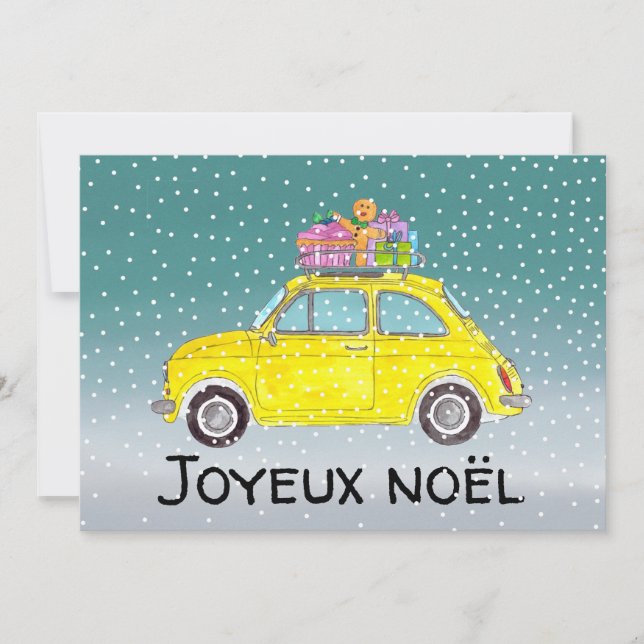 Joyeux noël French Christmas Yellow Fiat 500  Holiday Card (Front)