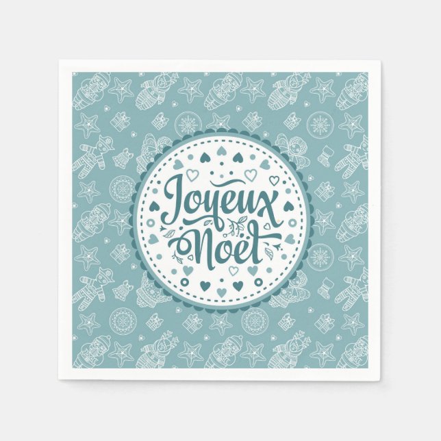 Joyeux Noel french Merry Christmas blue white art Napkin (Front)