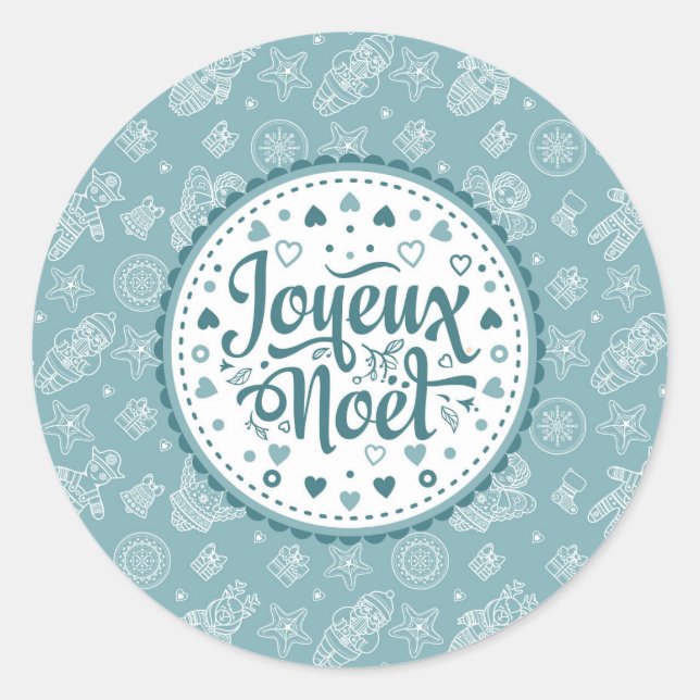 Joyeux Noel french Merry Christmas blue white fun Classic Round Sticker (Front)