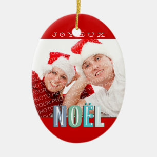 Joyeux Noel funky blue red chic christmas holiday Ceramic Ornament