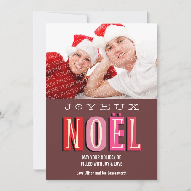 Joyeux Noel funky pink red chic Christmas photo Holiday Card (Front)