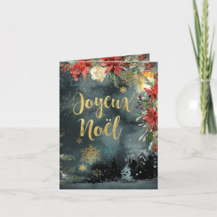 Joyeux Noel Gold Calligraphy Woodland Floral Holid Holiday Card