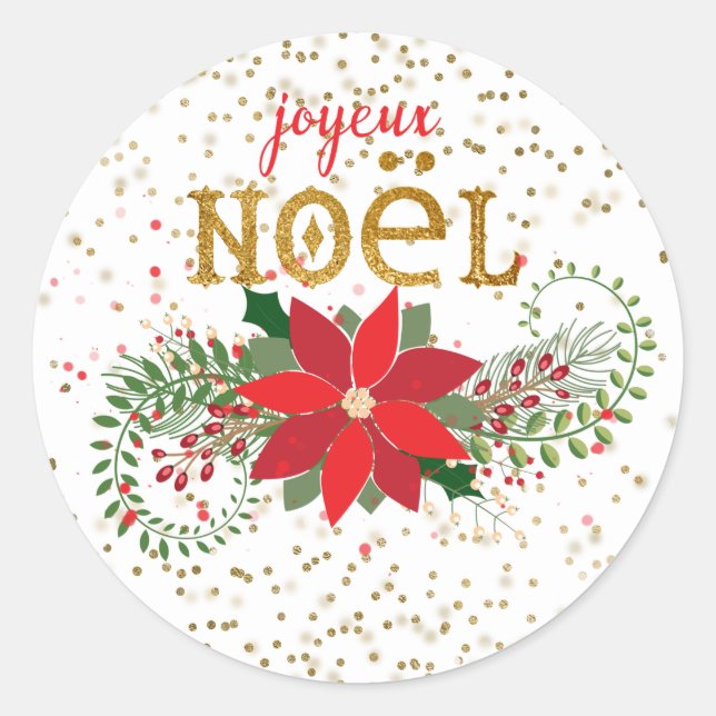 Joyeux Noel Gold Glitter Poinsettia Classic Round Sticker (Front)