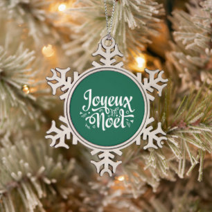 Joyeux Noel Green Snowflake Pewter Christmas Ornament