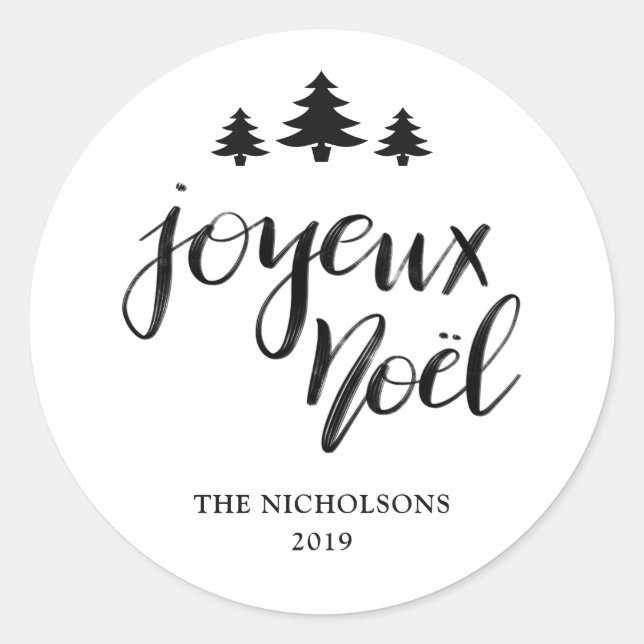 Joyeux Noel | Handwritten Modern Holiday Classic Round Sticker (Front)